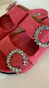 Hetre Alresford Hampshire Shoe Store Bibi Lou Coral Suede Diamante Buckle Slide