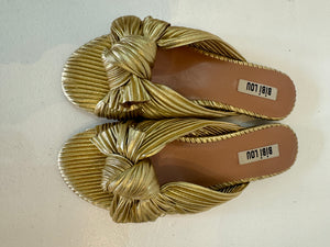 Hetre Alresford Hampshire Shoe Store Bibi Lou Gold Pleated Fabric Flat Slide