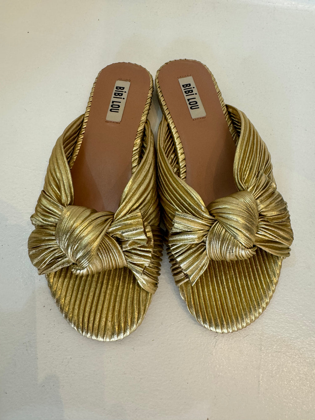 Hetre Alresford Hampshire Shoe Store Bibi Lou Gold Pleated Fabric Flat Slide