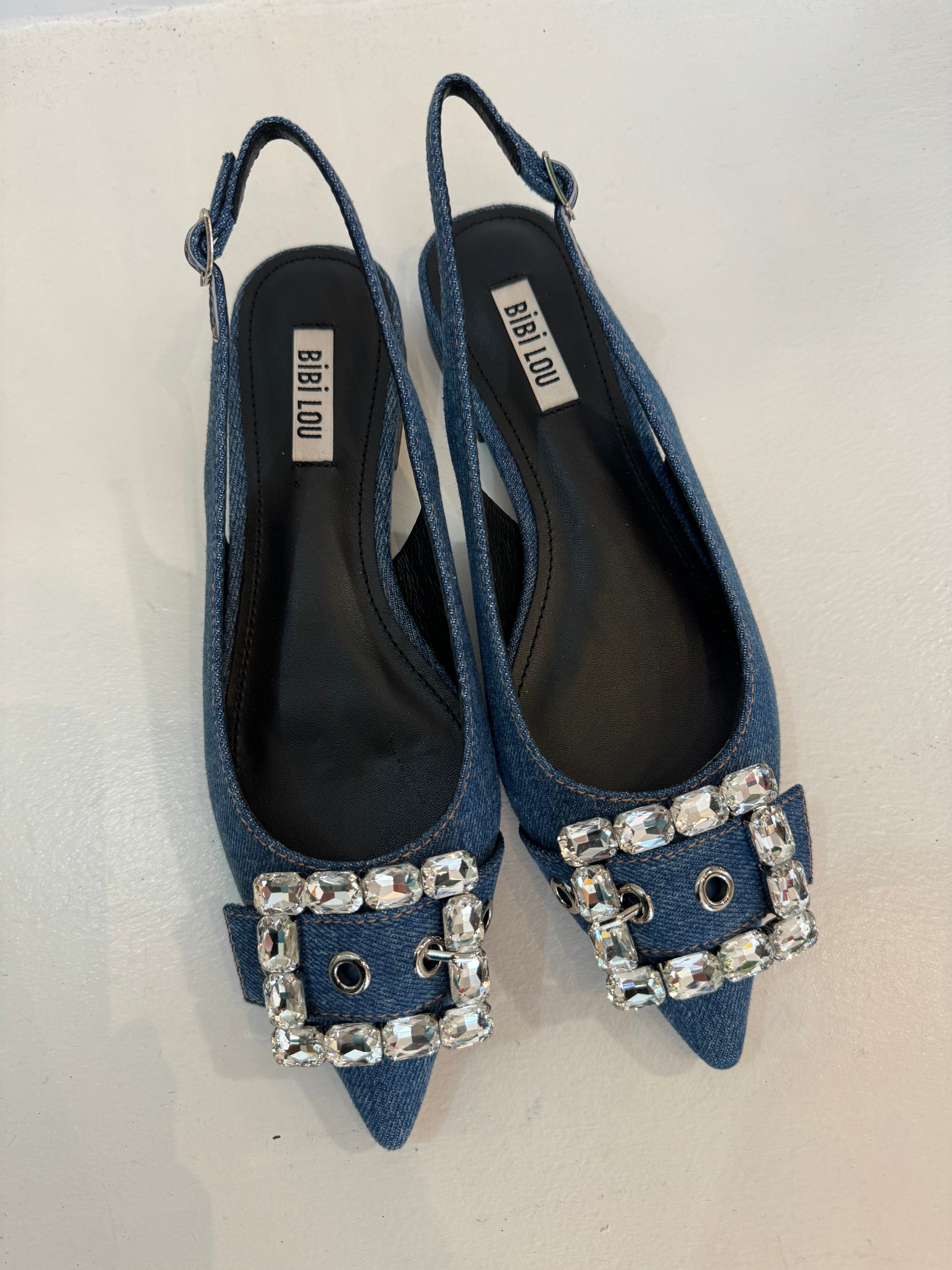 Hetre Alresford Hampshire Shoe Store Bibi Lou Denim Crystal Buckle Pointy Slingback