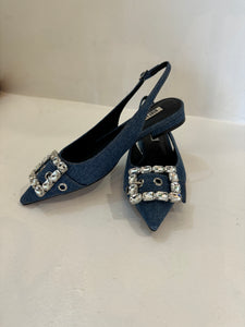 Hetre Alresford Hampshire Shoe Store Bibi Lou Denim Crystal Buckle Pointy Slingback