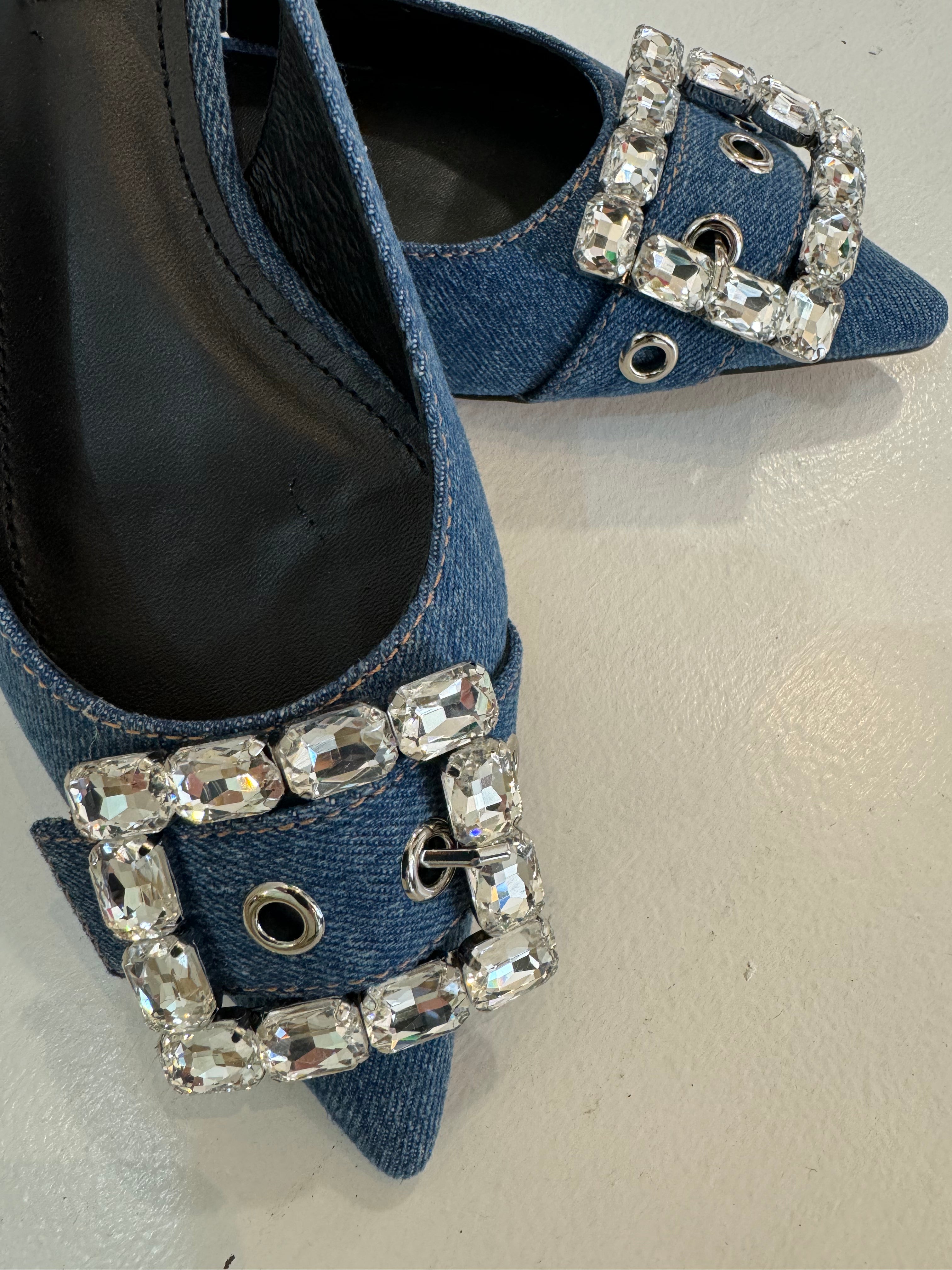 Hetre Alresford Hampshire Shoe Store Bibi Lou Denim Crystal Buckle Pointy Slingback