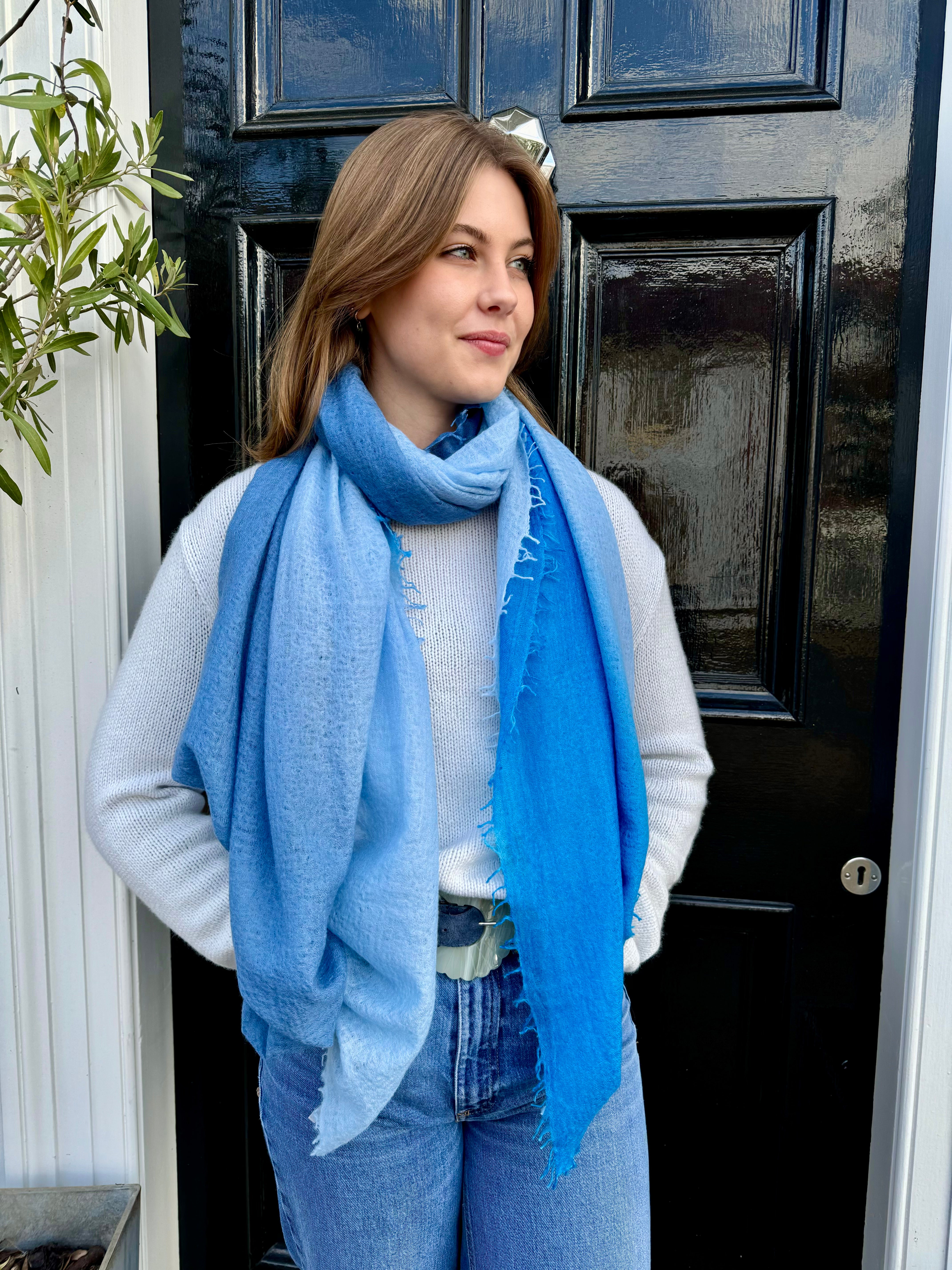 Hetre Alresford Hampshire accessory store Mouleta three Sky Blues Cashmere Scarf