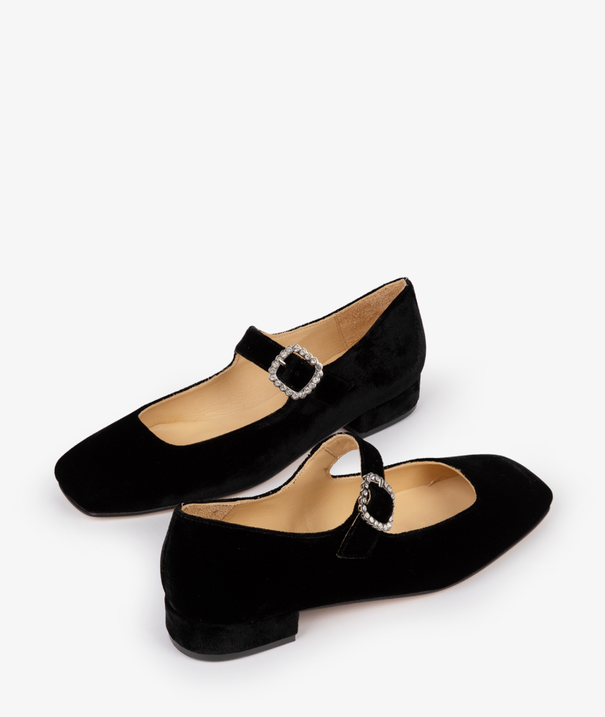 Hetre Alresford Hampshire Shoe Store Penelope Chilvers Black Low Mary Jane Diamante Velvet Shoe