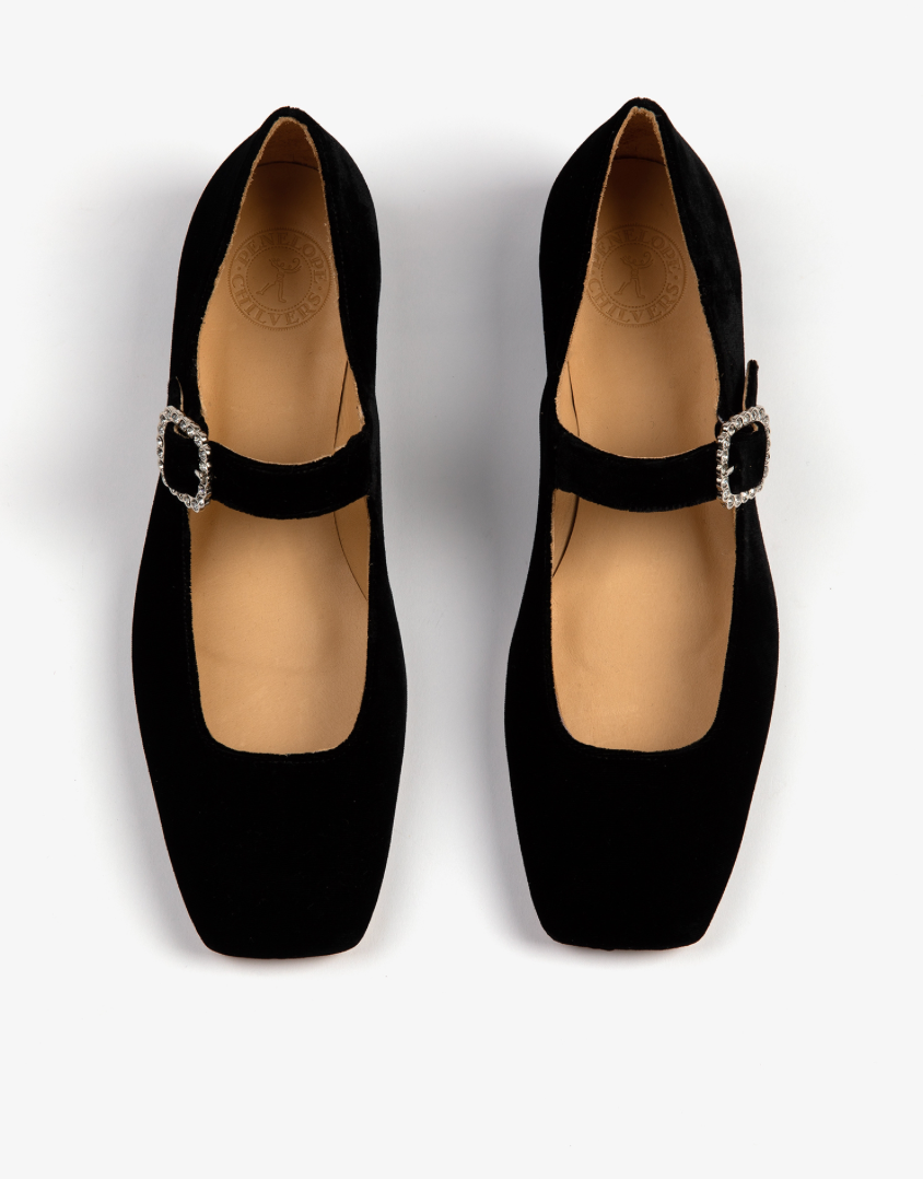 Hetre Alresford Hampshire Shoe Store Penelope Chilvers Black Low Mary Jane Diamante Velvet Shoe