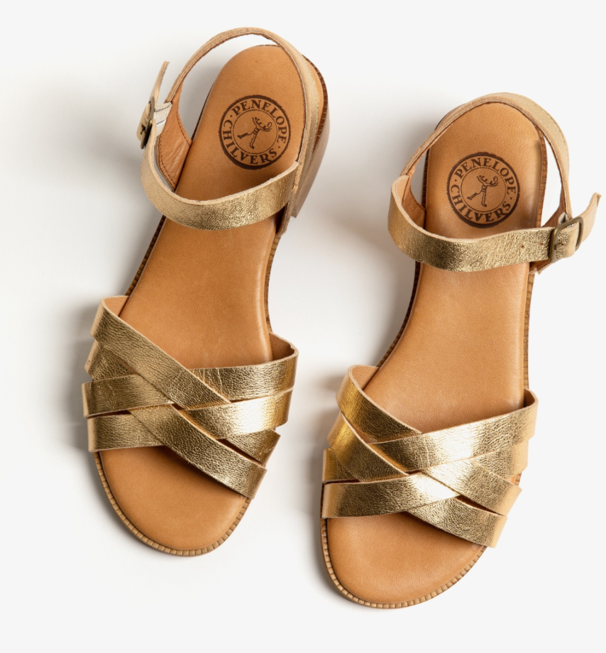 Hetre Alresford Hampshire Shoe Store Penelope Chilvers Gold Metallic Heeled Shepherdess Sandal  